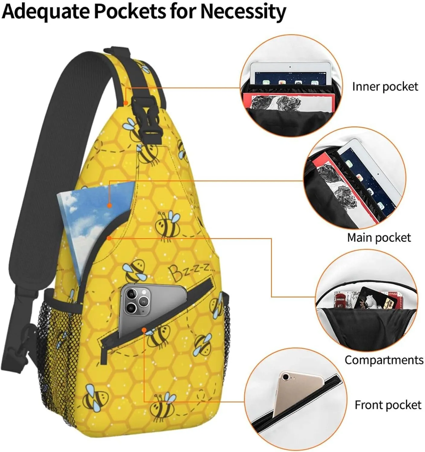 Cute Bees and Honeycombs Yellow Small Sling Bag for Women Men Crossbody Sling Backpack Casual Hiking Daypack Chest Shoulder Bag with Adjustable Strap