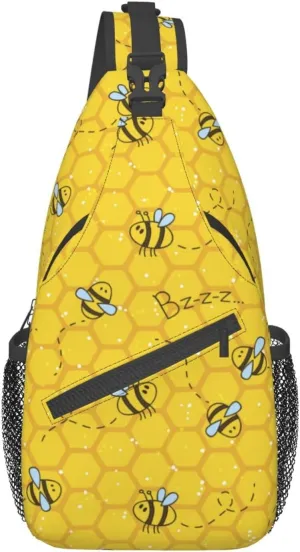 Cute Bees and Honeycombs Yellow Small Sling Bag for Women Men Crossbody Sling Backpack Casual Hiking Daypack Chest Shoulder Bag with Adjustable Strap