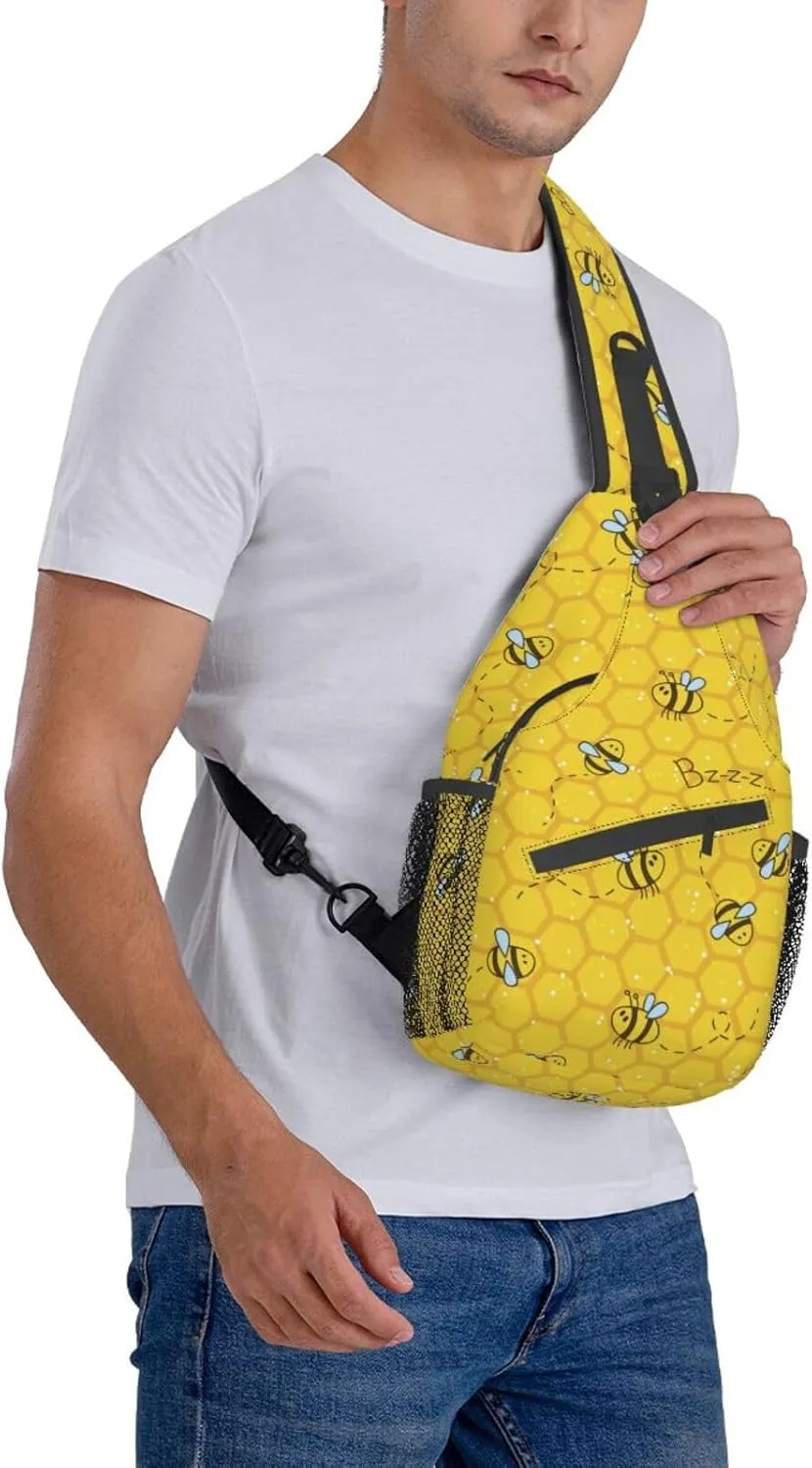 Cute Bees and Honeycombs Yellow Small Sling Bag for Women Men Crossbody Sling Backpack Casual Hiking Daypack Chest Shoulder Bag with Adjustable Strap