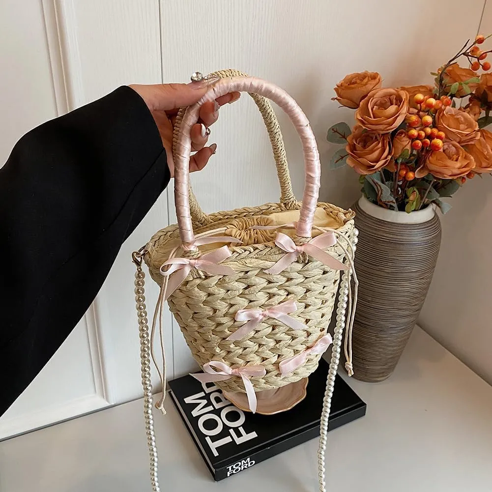 Cute Bow Summer Straw Bag with Pearl Chain Strap Casual Tote Bag Large Holiday Travel Handbag Crossbody Bag for Wo