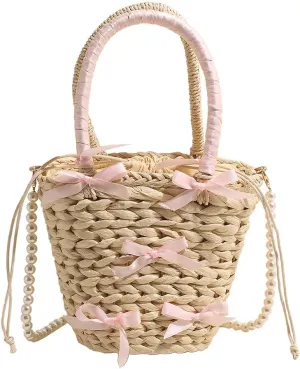 Cute Bow Summer Straw Bag with Pearl Chain Strap Casual Tote Bag Large Holiday Travel Handbag Crossbody Bag for Wo