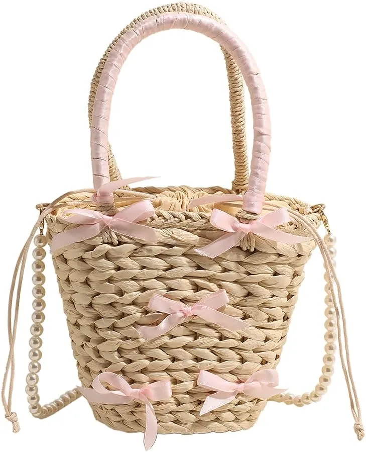 Cute Bow Summer Straw Bag with Pearl Chain Strap Casual Tote Bag Large Holiday Travel Handbag Crossbody Bag for Wo
