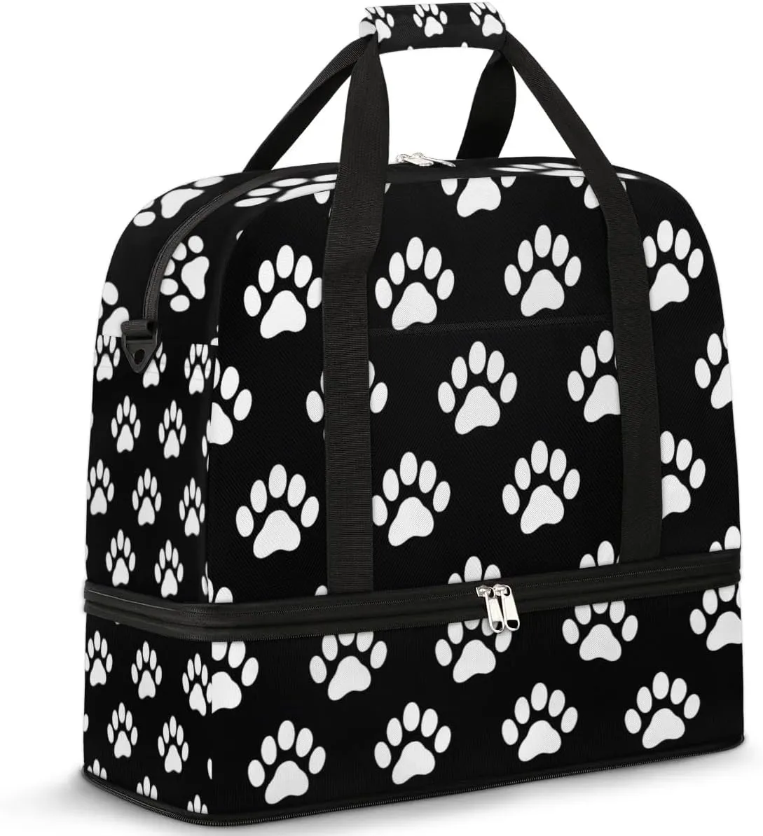 Cute Cat Footprint Travel Duffel Bag for Women Men Weekender Overnight Bag with Shoe Compartment Foldable Sports Gym Luggage Bag