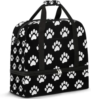 Cute Cat Footprint Travel Duffel Bag for Women Men Weekender Overnight Bag with Shoe Compartment Foldable Sports Gym Luggage Bag