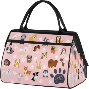 Cute Dog Puppy Set Paw Print Pink Gym Bag for Women Men, Travel Sports Duffel Bag with Trolley Sleeve, Waterproof Sports Gym Bag Weekender Overnight Bag Carry On Tote Bag for Travel Gym Sport