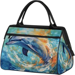 Cute Dolphin Leaps Out Sea Gym Bag for Women Men, Travel Sports Duffel Bag with Trolley Sleeve, Waterproof Sports Gym Bag Weekender Overnight Bag Carry On Tote Bag for Travel Gym Sport
