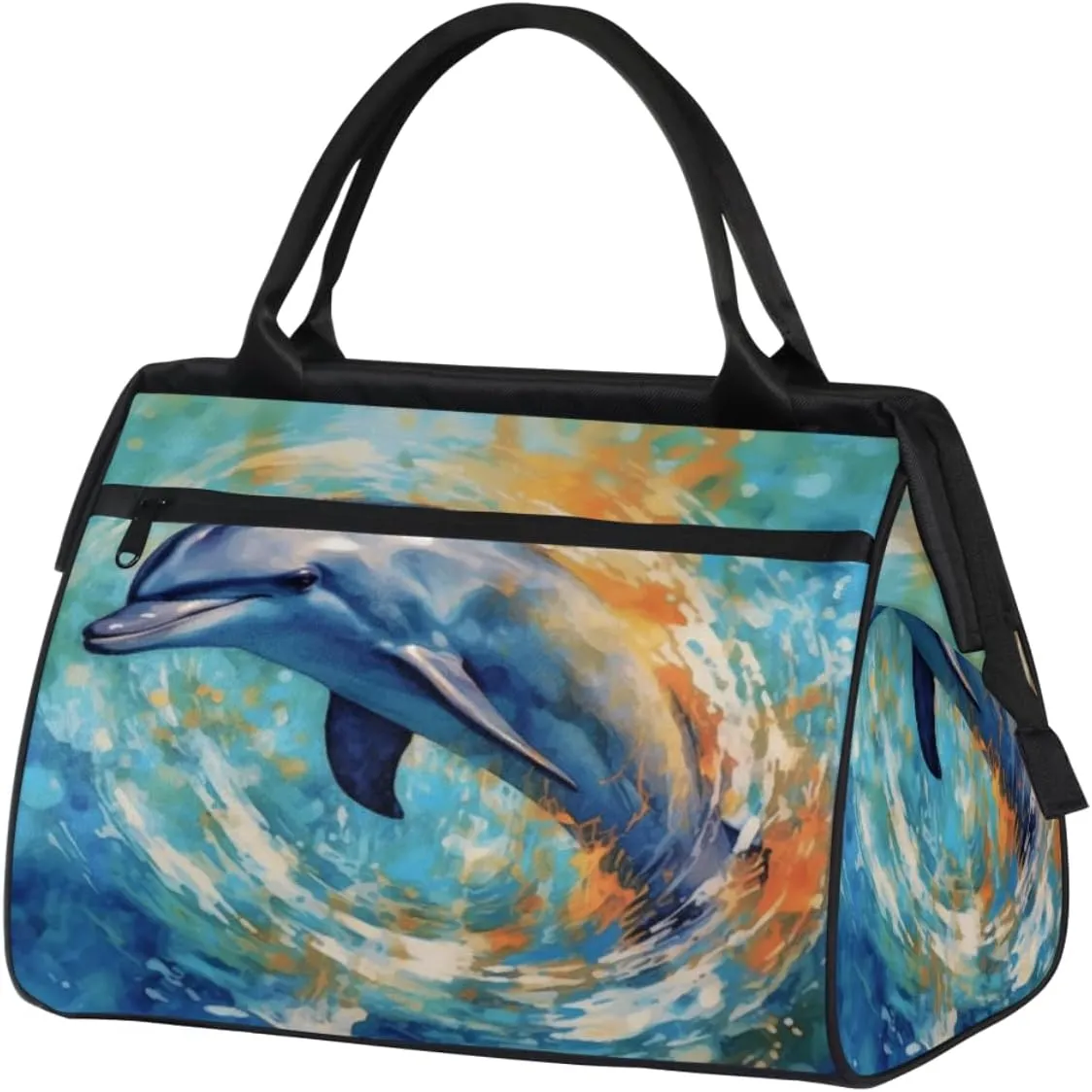 Cute Dolphin Leaps Out Sea Gym Bag for Women Men, Travel Sports Duffel Bag with Trolley Sleeve, Waterproof Sports Gym Bag Weekender Overnight Bag Carry On Tote Bag for Travel Gym Sport