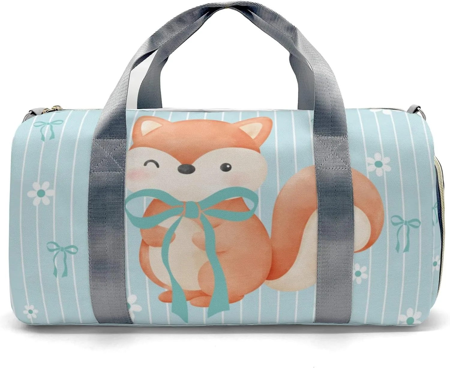 Cute Fox Bow Green Personalized Duffel Bag,Custom Travel Gym Bag with Name,Waterproof Sports Overnight Bag with Shoe Compartment & Shoulder Strap