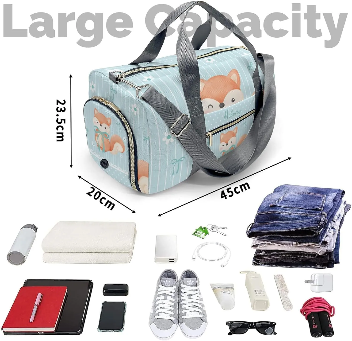 Cute Fox Bow Green Personalized Duffel Bag,Custom Travel Gym Bag with Name,Waterproof Sports Overnight Bag with Shoe Compartment & Shoulder Strap