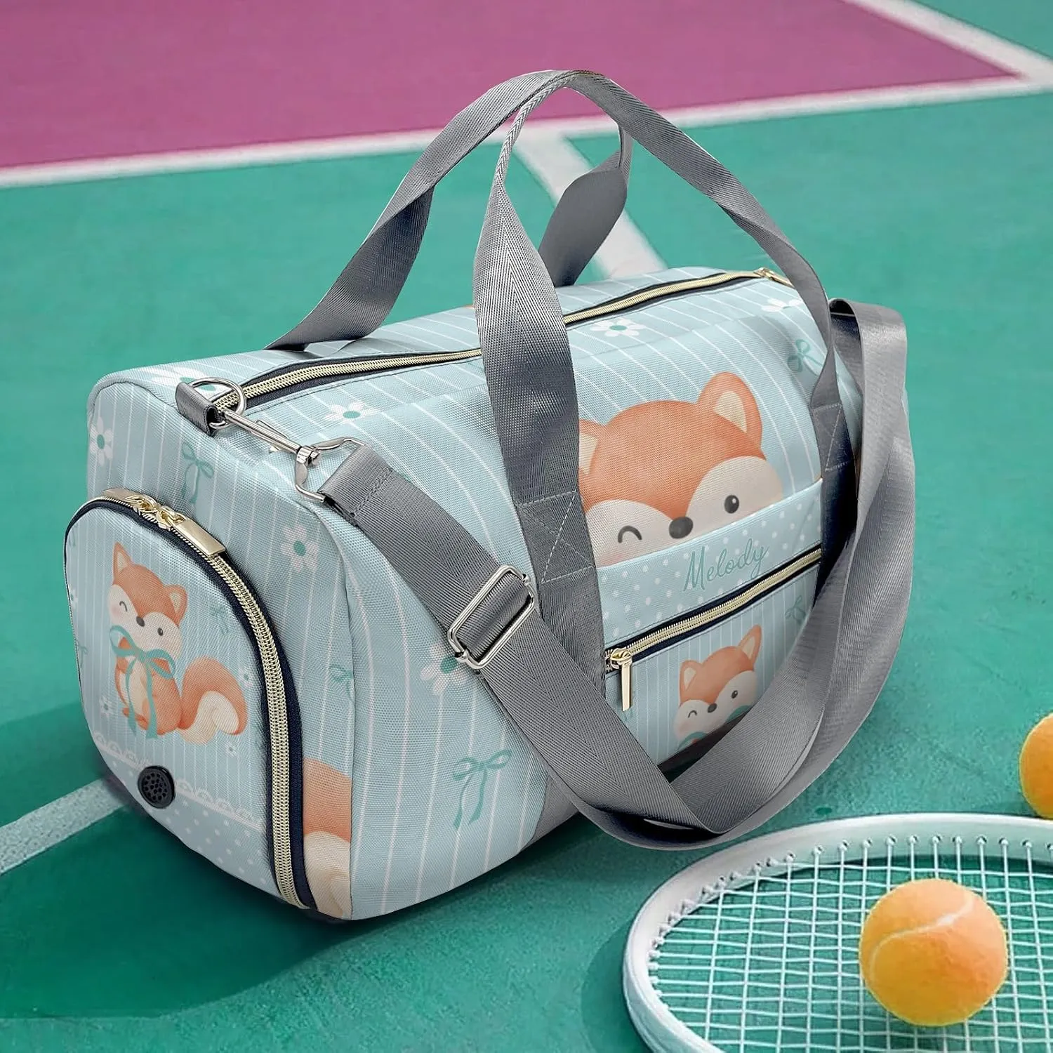 Cute Fox Bow Green Personalized Duffel Bag,Custom Travel Gym Bag with Name,Waterproof Sports Overnight Bag with Shoe Compartment & Shoulder Strap