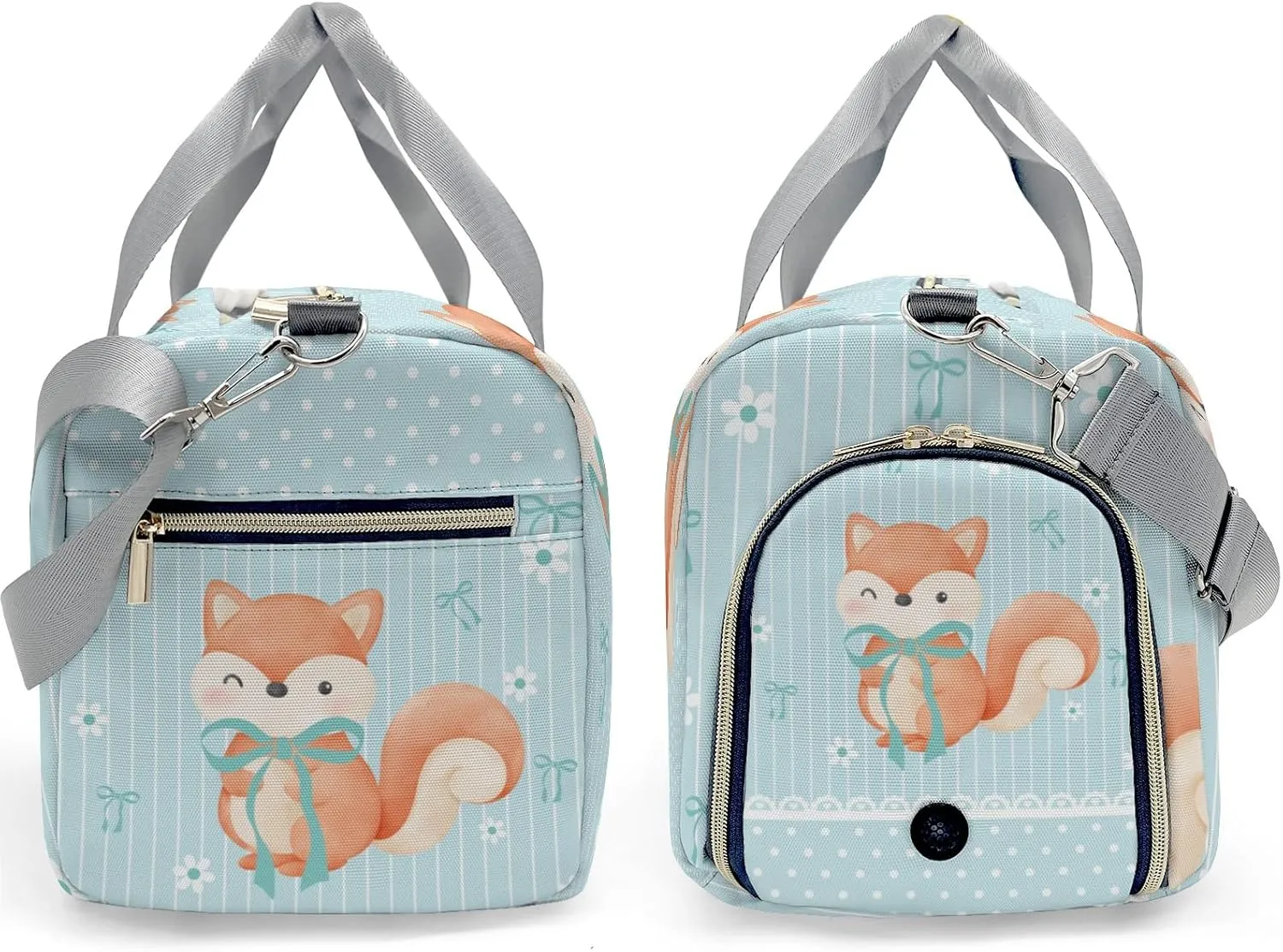 Cute Fox Bow Green Personalized Duffel Bag,Custom Travel Gym Bag with Name,Waterproof Sports Overnight Bag with Shoe Compartment & Shoulder Strap