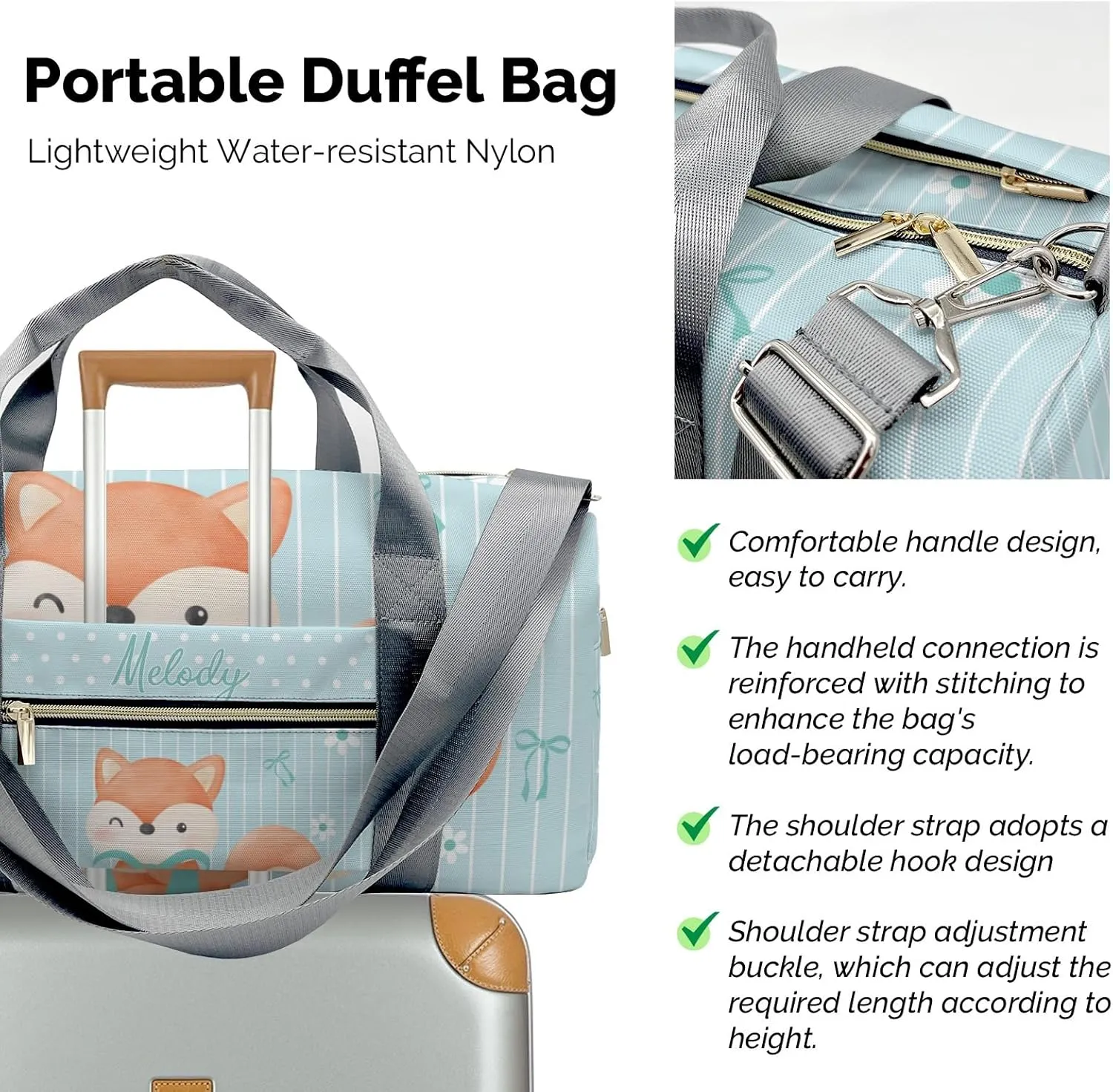 Cute Fox Bow Green Personalized Duffel Bag,Custom Travel Gym Bag with Name,Waterproof Sports Overnight Bag with Shoe Compartment & Shoulder Strap
