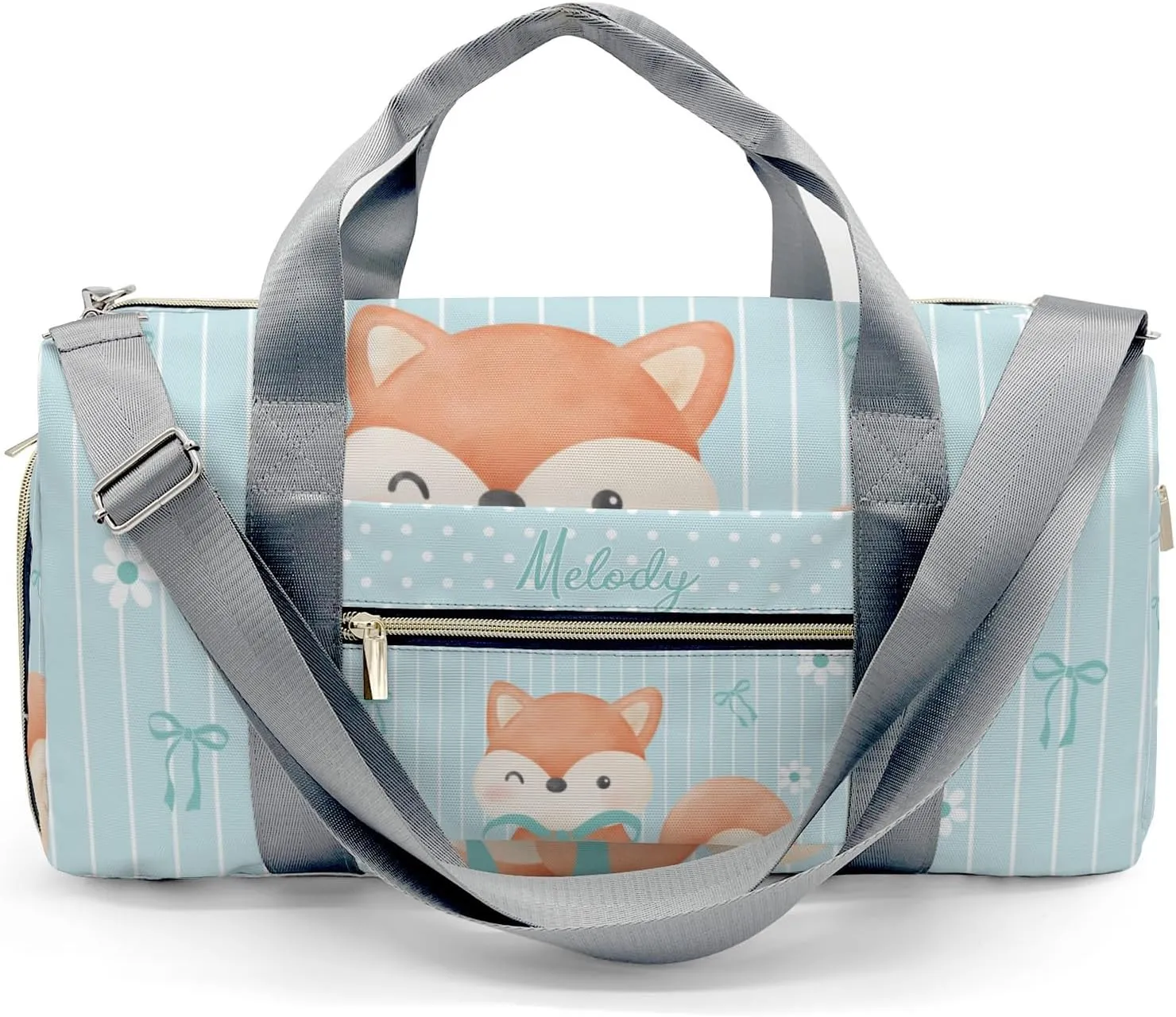 Cute Fox Bow Green Personalized Duffel Bag,Custom Travel Gym Bag with Name,Waterproof Sports Overnight Bag with Shoe Compartment & Shoulder Strap