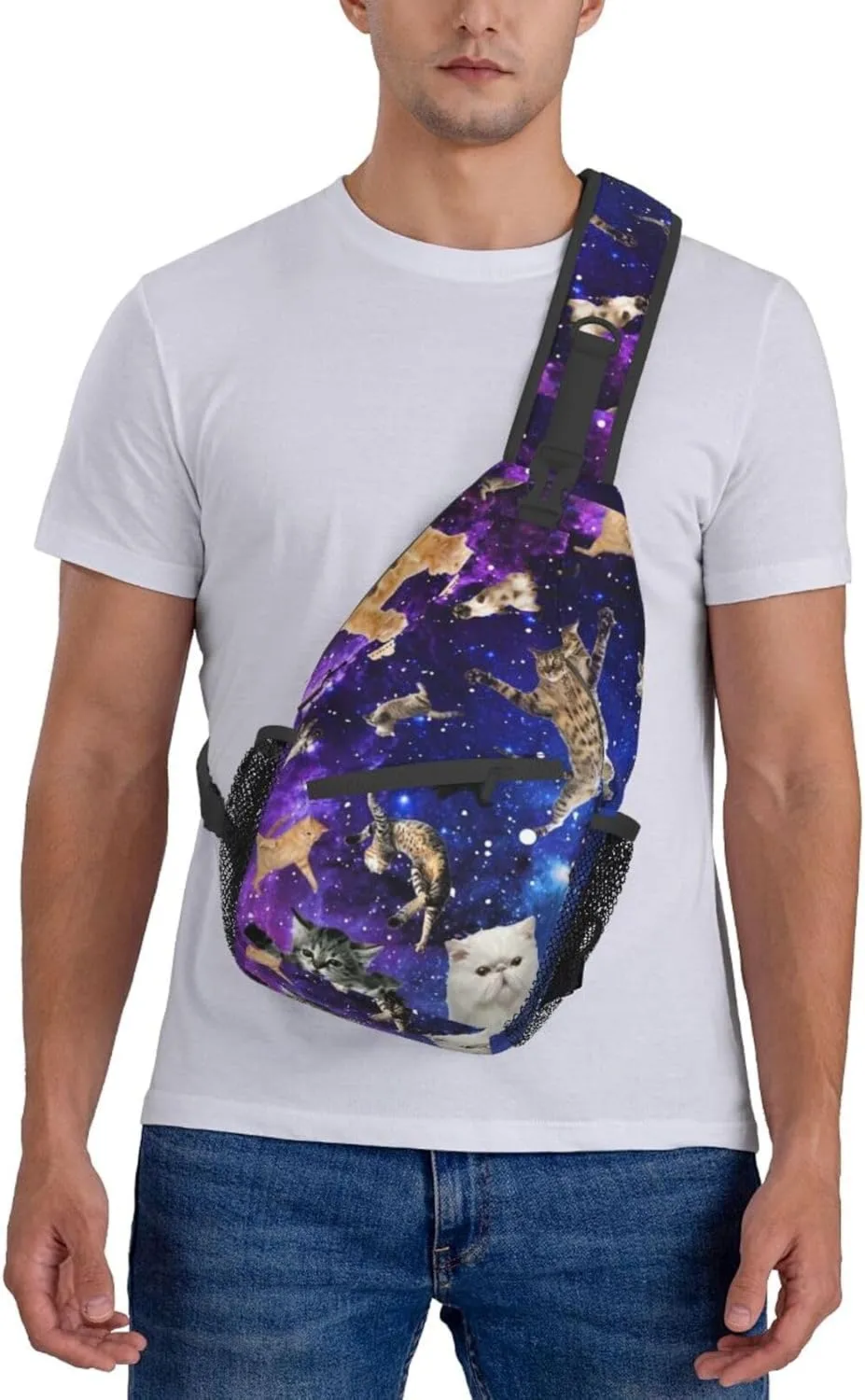 Cute Funny Cat Crossbody Sling Backpack, Cartoon Cat Chest Sling Bag Daypack Adjustable, One Size