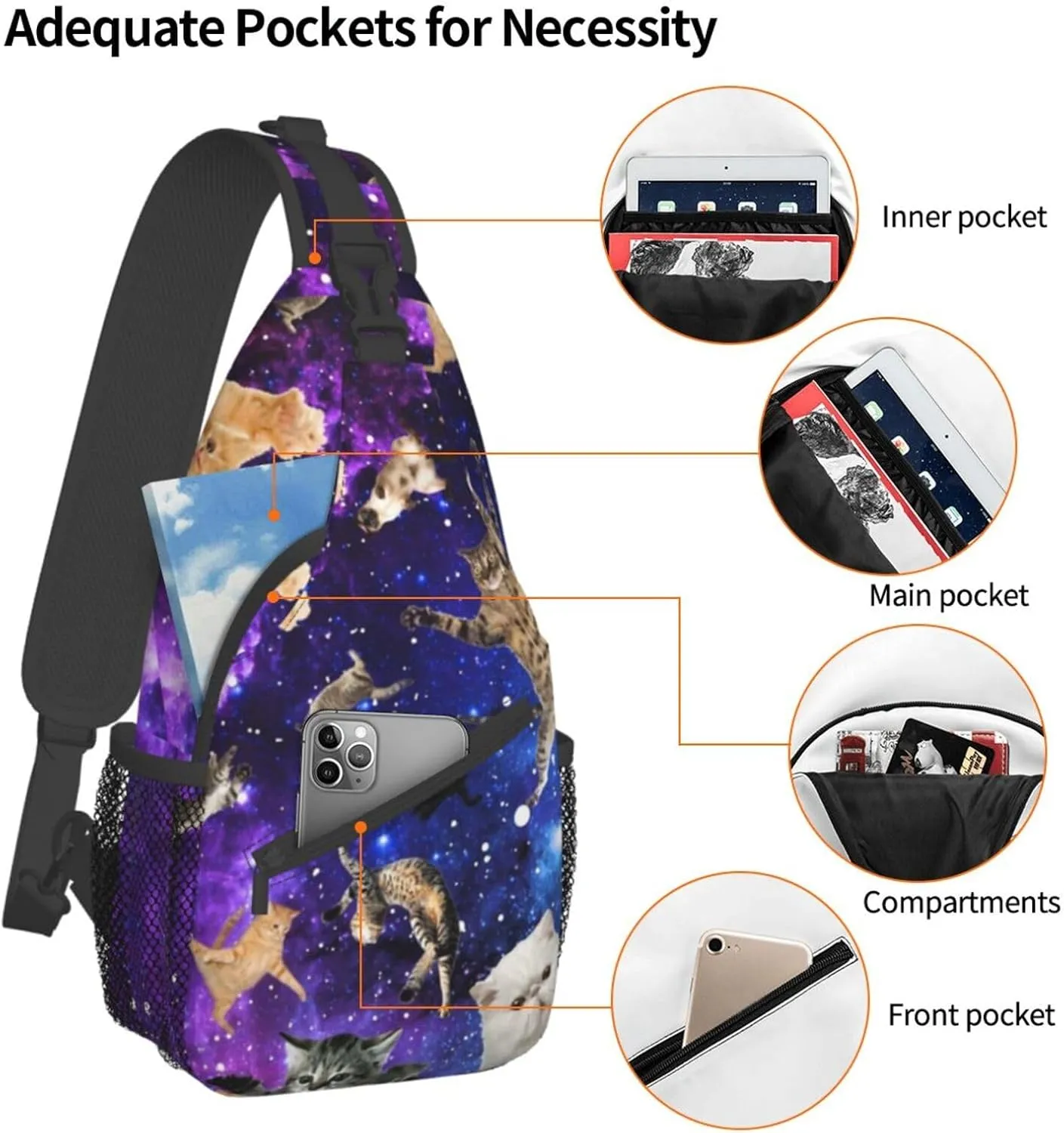 Cute Funny Cat Crossbody Sling Backpack, Cartoon Cat Chest Sling Bag Daypack Adjustable, One Size