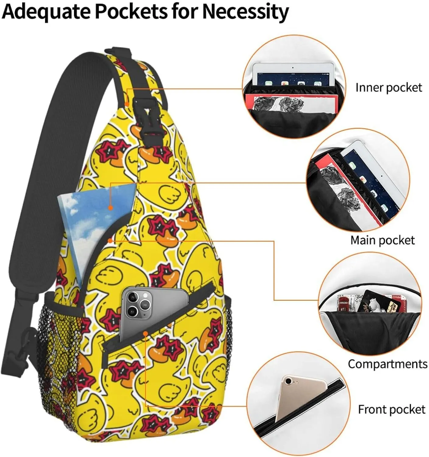 Cute Funny Yellow Rubber Duck Sling Backpack Crossbody Sling Bag Casual Chest Bags Travel Hiking Daypack Shoulder Bag for Women Men