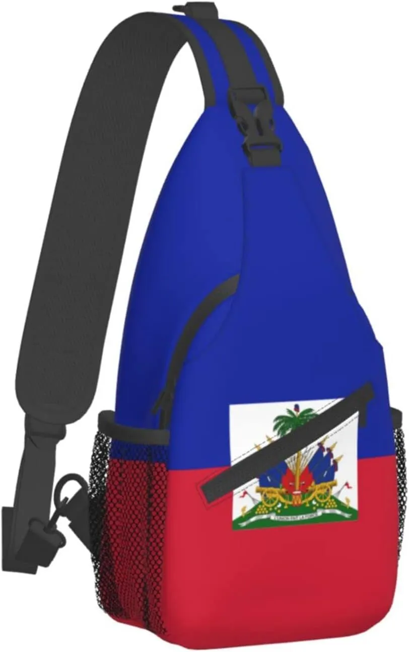 Cute Haiti Flag Sling Backpack, Multipurpose Crossbody Shoulder Bag Travel Hiking Haitian Casual Daypack for Men Women