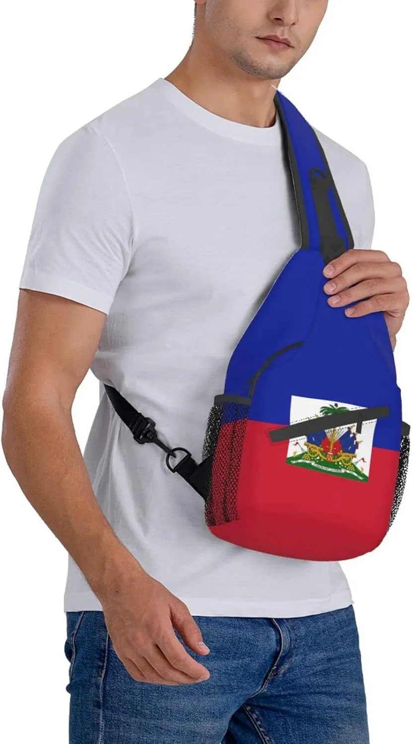 Cute Haiti Flag Sling Backpack, Multipurpose Crossbody Shoulder Bag Travel Hiking Haitian Casual Daypack for Men Women