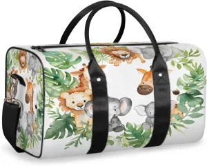 Cute Lion Elephant Giraffe Palm Leaves Travel Duffle Bag, Sports Gym Bags for Women Men, Carry On Weekender Overnight Workout Airplane Trips Bag