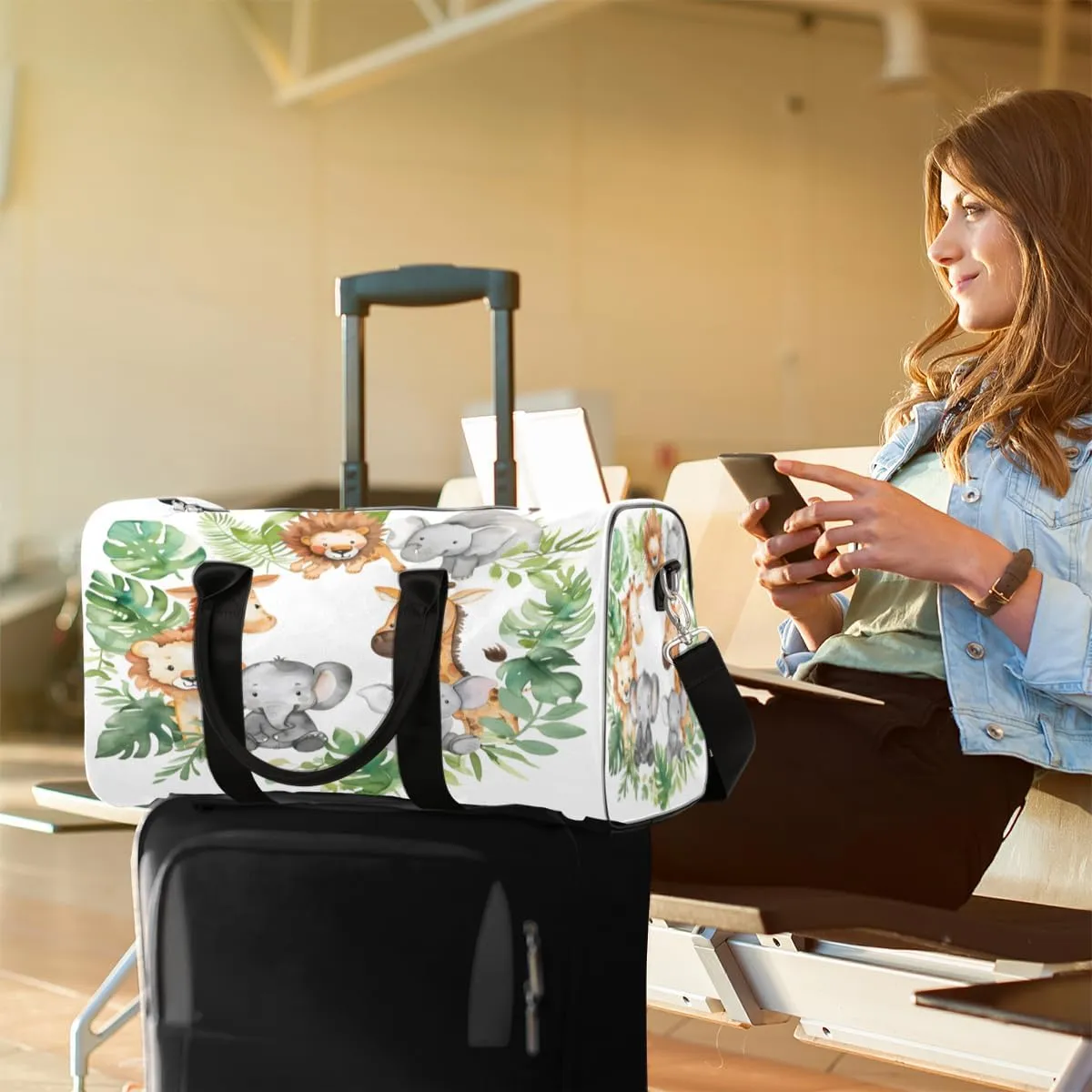 Cute Lion Elephant Giraffe Palm Leaves Travel Duffle Bag, Sports Gym Bags for Women Men, Carry On Weekender Overnight Workout Airplane Trips Bag