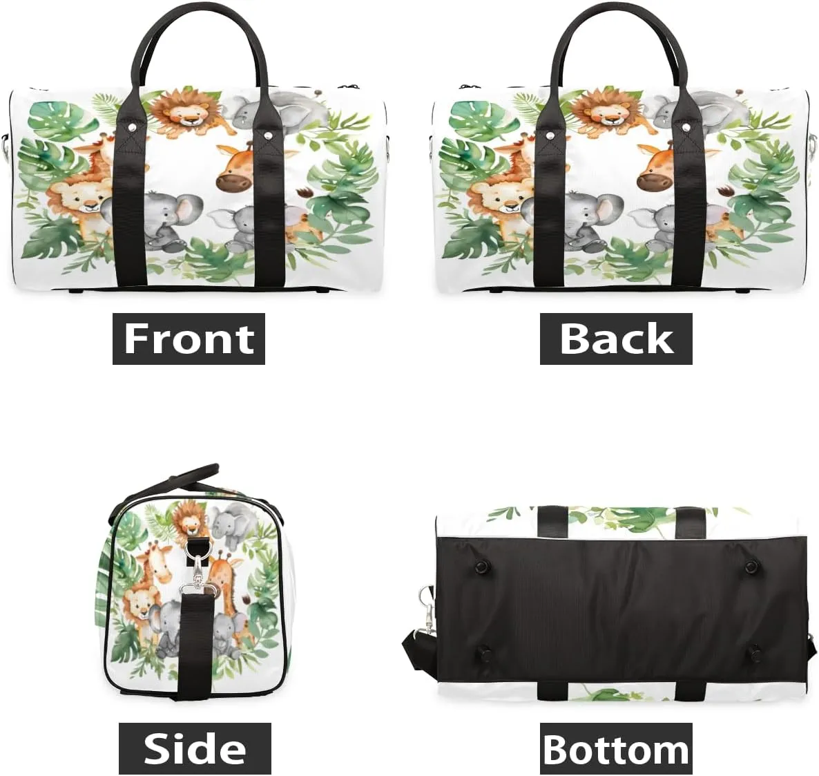 Cute Lion Elephant Giraffe Palm Leaves Travel Duffle Bag, Sports Gym Bags for Women Men, Carry On Weekender Overnight Workout Airplane Trips Bag