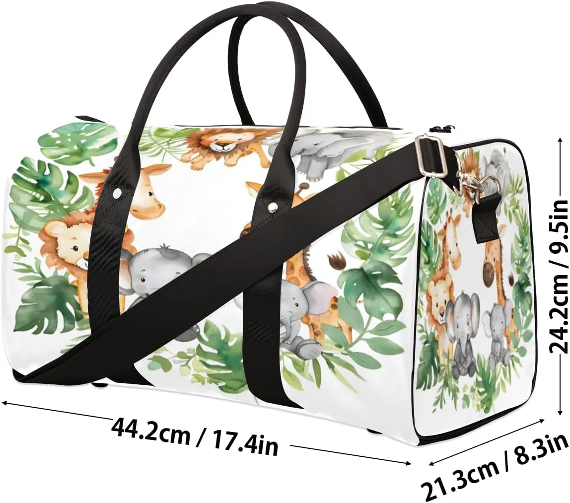 Cute Lion Elephant Giraffe Palm Leaves Travel Duffle Bag, Sports Gym Bags for Women Men, Carry On Weekender Overnight Workout Airplane Trips Bag