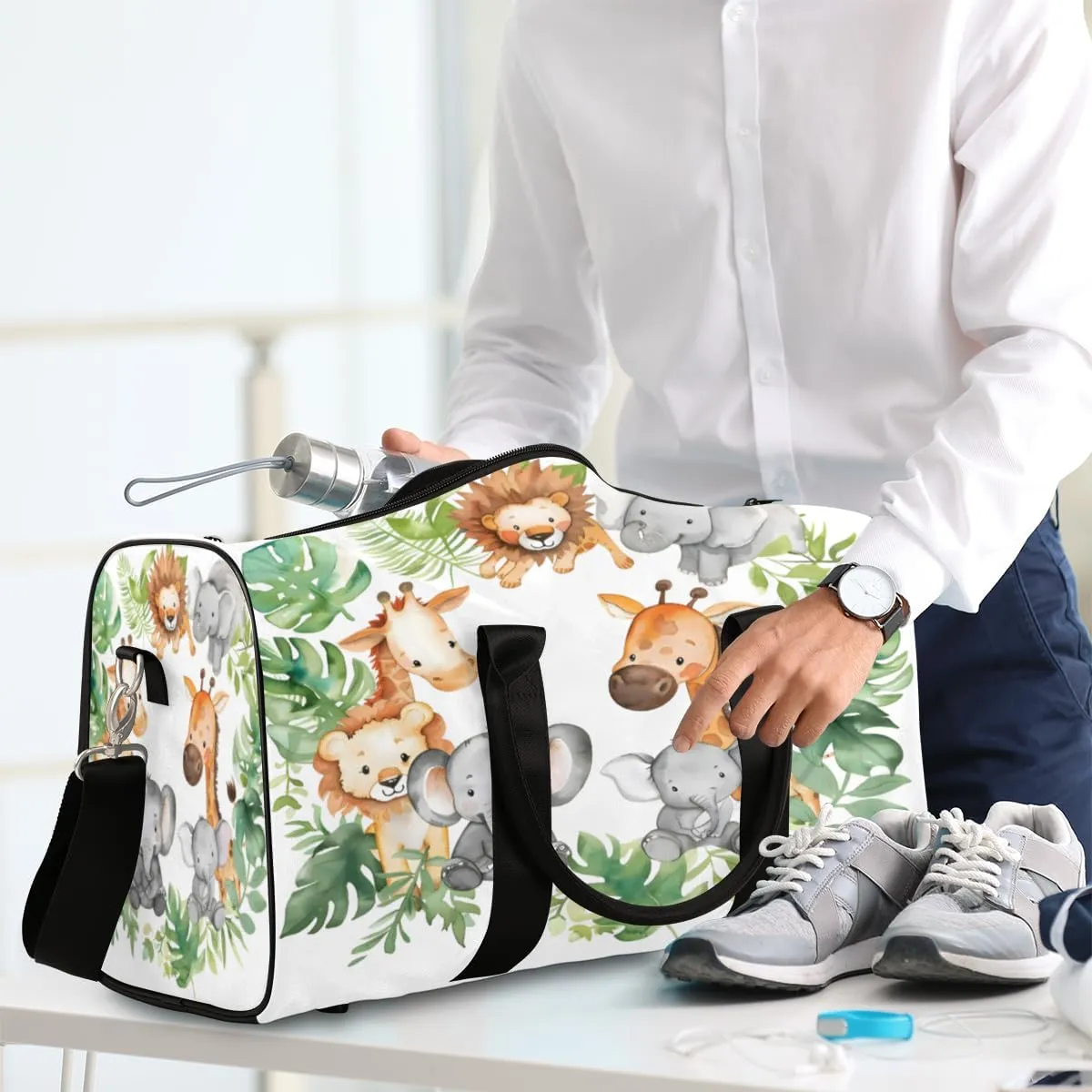 Cute Lion Elephant Giraffe Palm Leaves Travel Duffle Bag, Sports Gym Bags for Women Men, Carry On Weekender Overnight Workout Airplane Trips Bag