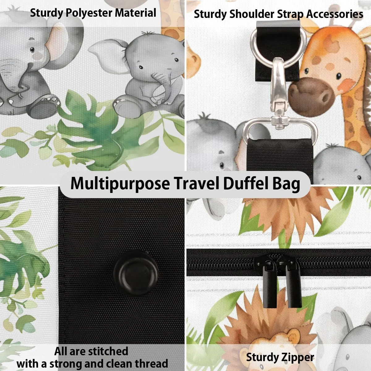 Cute Lion Elephant Giraffe Palm Leaves Travel Duffle Bag, Sports Gym Bags for Women Men, Carry On Weekender Overnight Workout Airplane Trips Bag