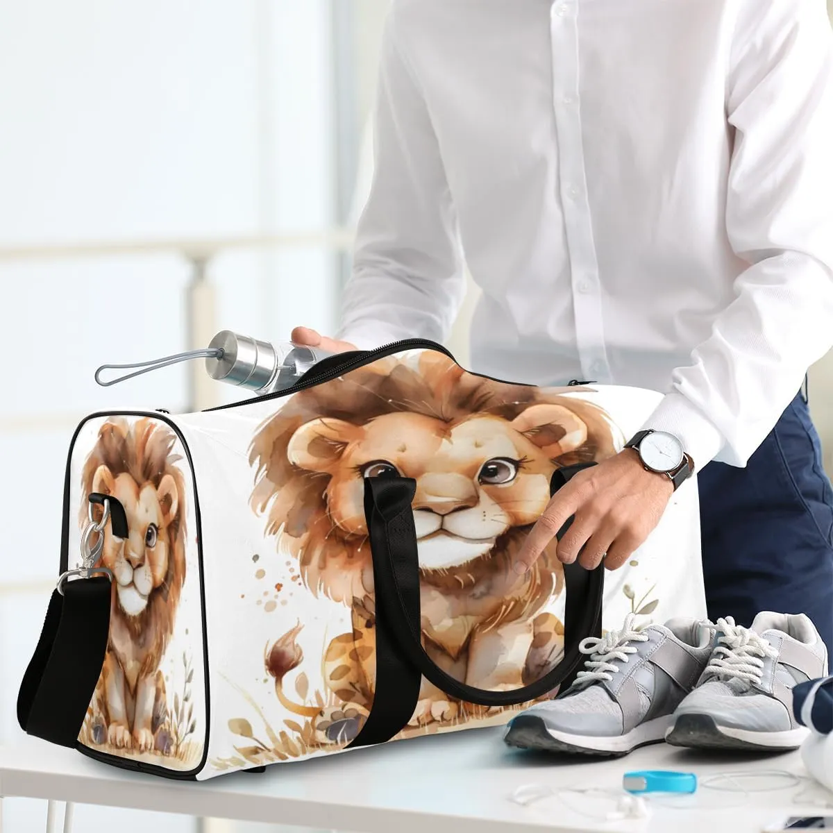 Cute Lion Travel Duffle Bag, Sports Gym Bags for Women Men, Carry On Weekender Overnight Workout Airplane Trips Bag