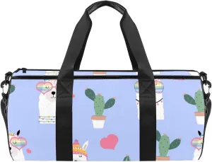 Cute Llama Heart Glasses Cactus Purple Pattern Sports Duffel Bag, Travel Luggage Shoulder Bag With Carry Handle, Waterproof Youth Girls Boys Handbag