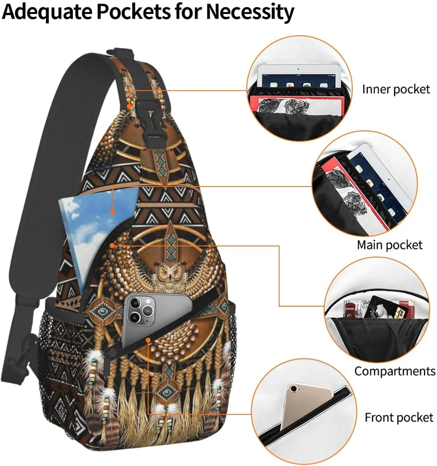 Cute Native American Sling Backpack, Multipurpose Crossbody Shoulder Bag Indian Chest Bag Travel Hiking Daypack