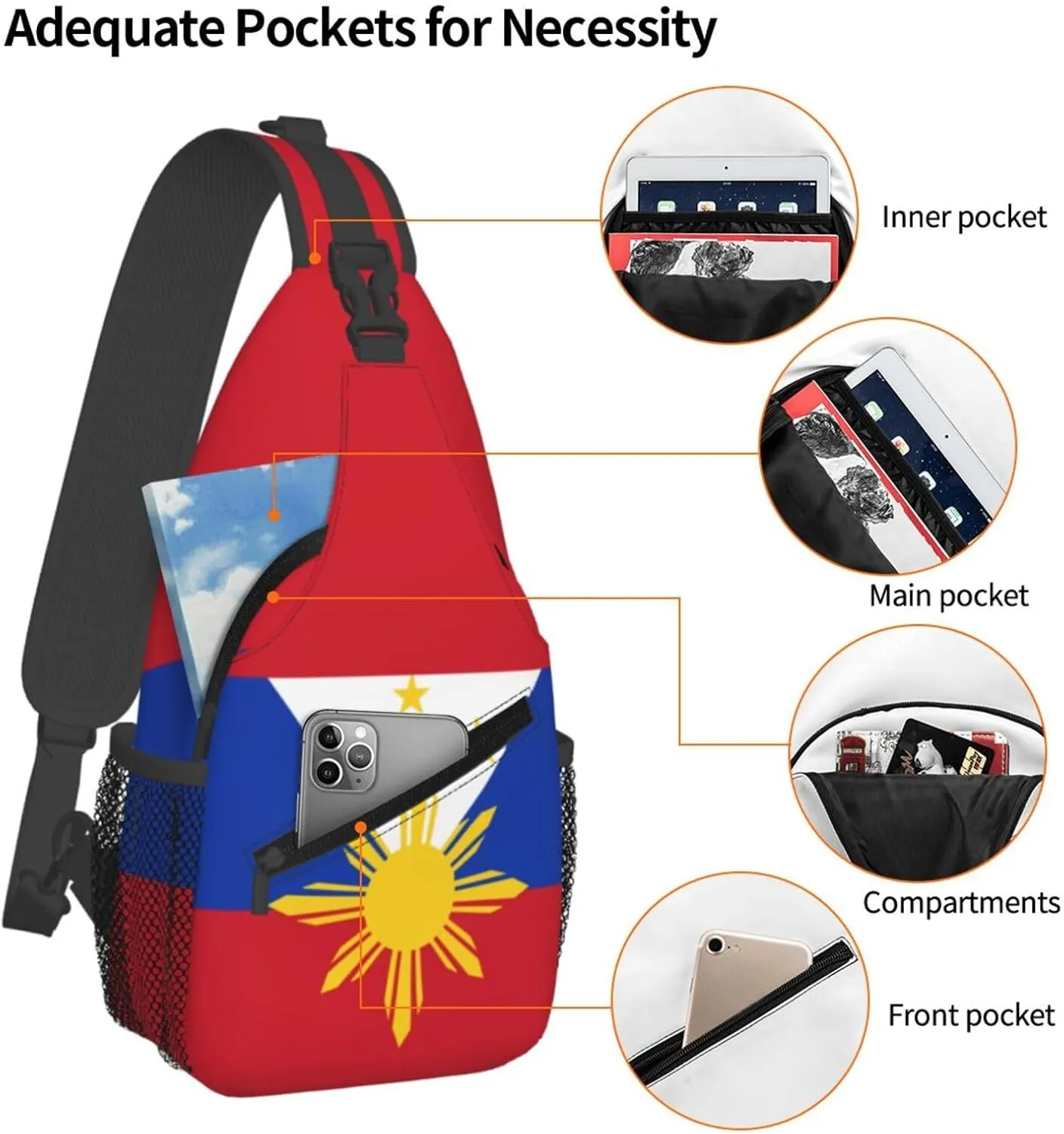 Cute Philippines Flag Sling Backpack,Travel Hiking Daypack Filipino Crossbody Shoulder Bag for Men Women