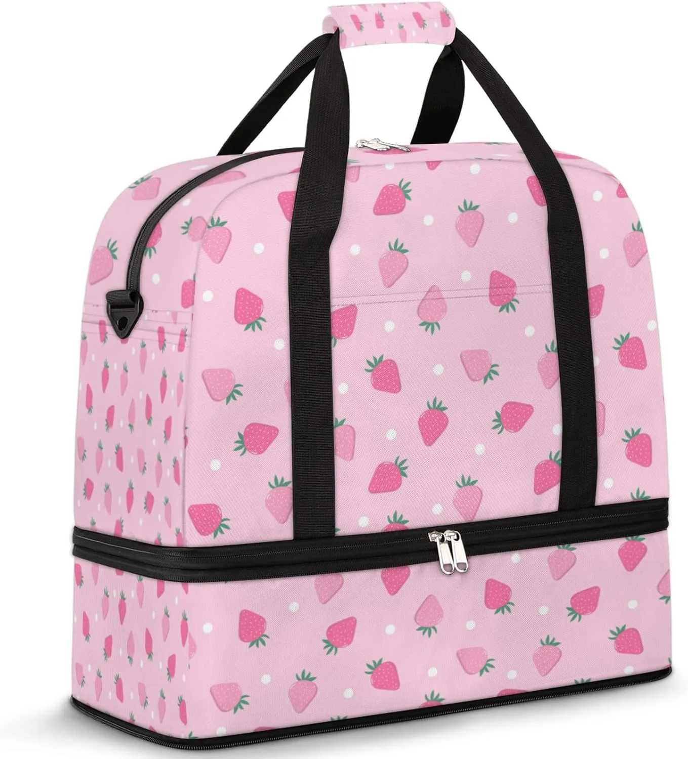 Cute Pink Strawberry Dot Foldable Travel Duffel Bag Tote Carry on Luggage Sport Duffle for Women Men Gym Bag Overnight Weekender Bags with Shoe Compartments and Shoulder Strap