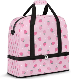 Cute Pink Strawberry Dot Foldable Travel Duffel Bag Tote Carry on Luggage Sport Duffle for Women Men Gym Bag Overnight Weekender Bags with Shoe Compartments and Shoulder Strap