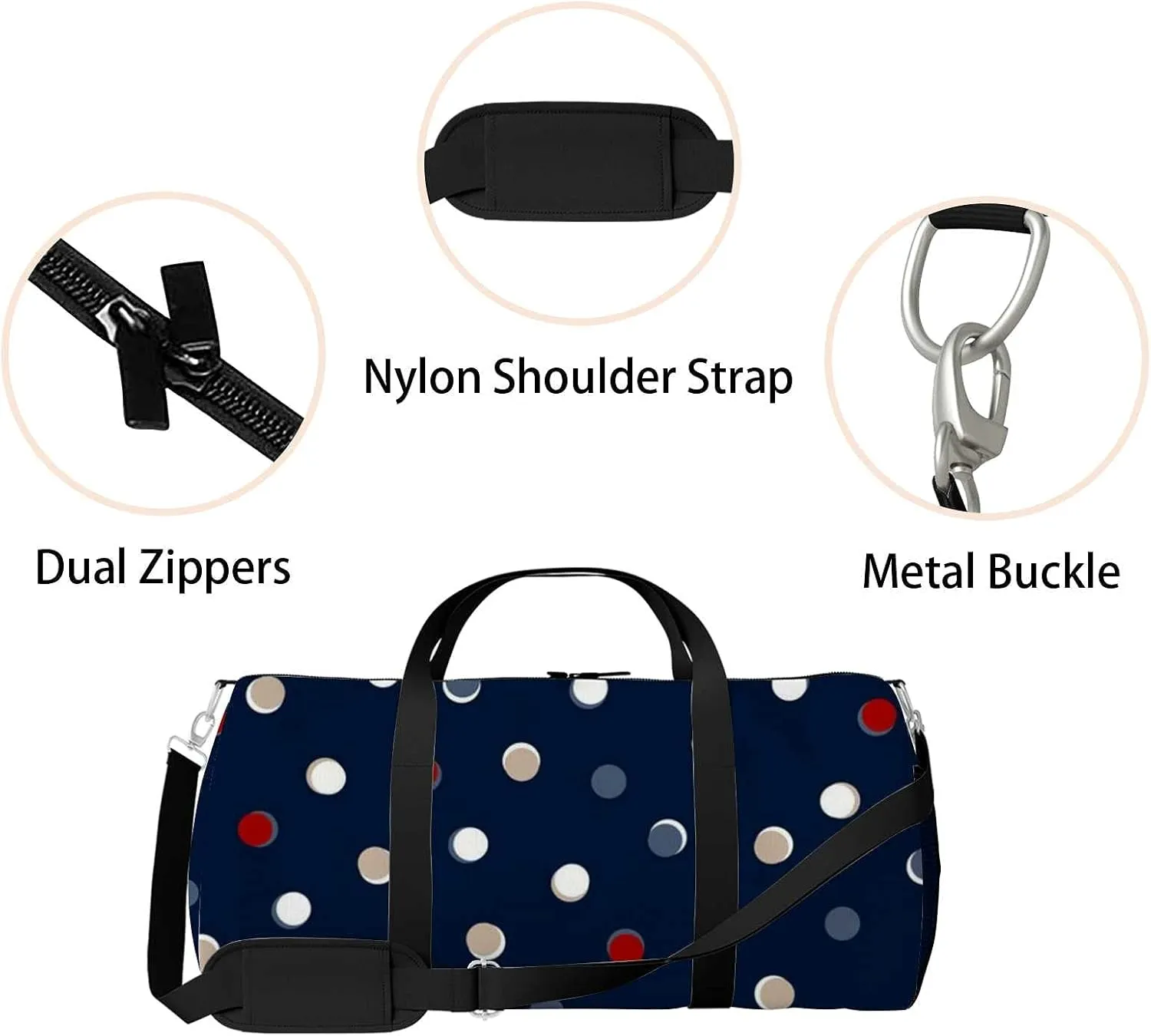 Cute Polka Dot Sports Duffel Bag Travel Gym Tote Bags Lightweight Durable Shoulder Strap Waterproof Polyester Outside Mesh Pocket Overnight Trip Duffel Bag for Women Men