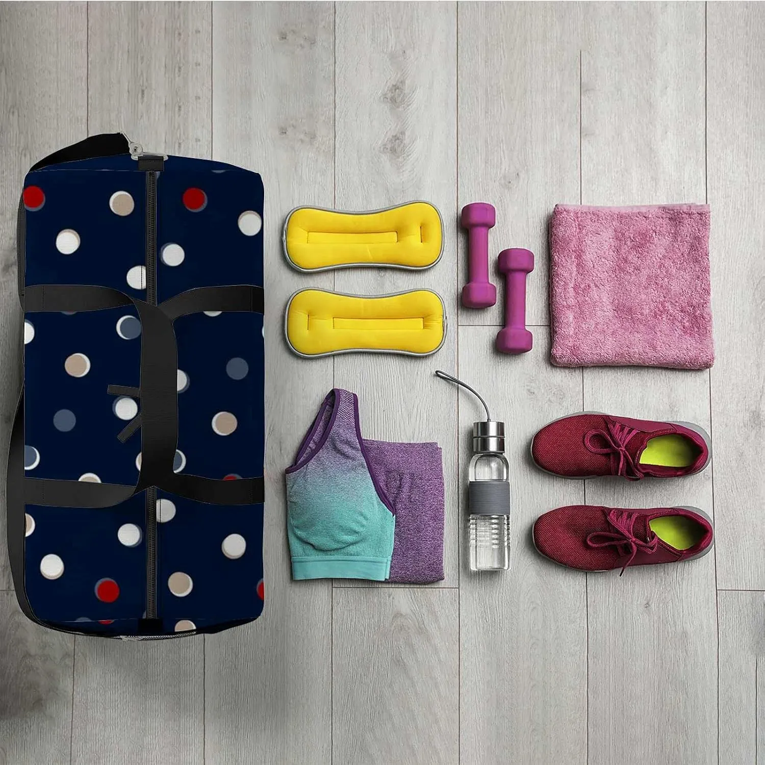 Cute Polka Dot Sports Duffel Bag Travel Gym Tote Bags Lightweight Durable Shoulder Strap Waterproof Polyester Outside Mesh Pocket Overnight Trip Duffel Bag for Women Men