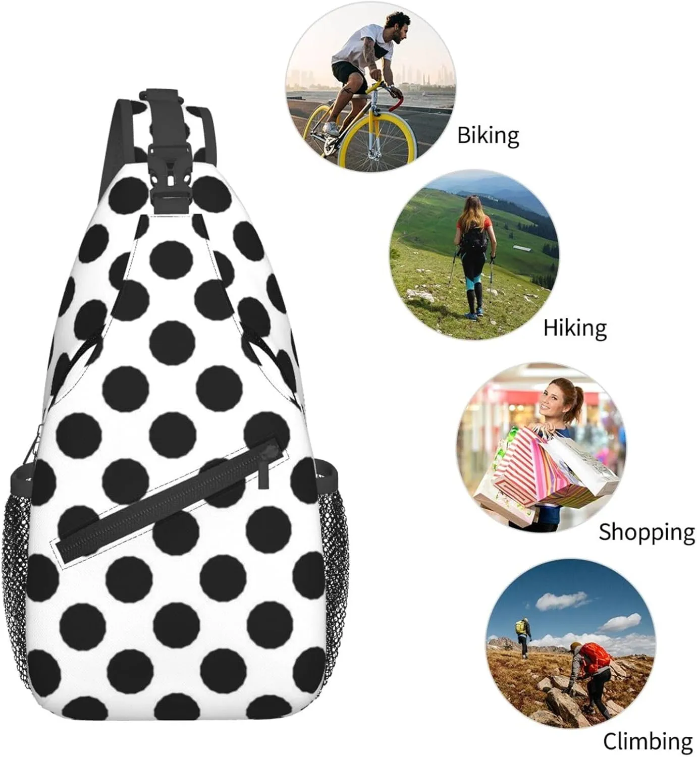 Cute Polka Dots Crossbody Sling Backpack Sling Bag Travel Hiking White Black Dots Chest Bag Daypack for Women Men