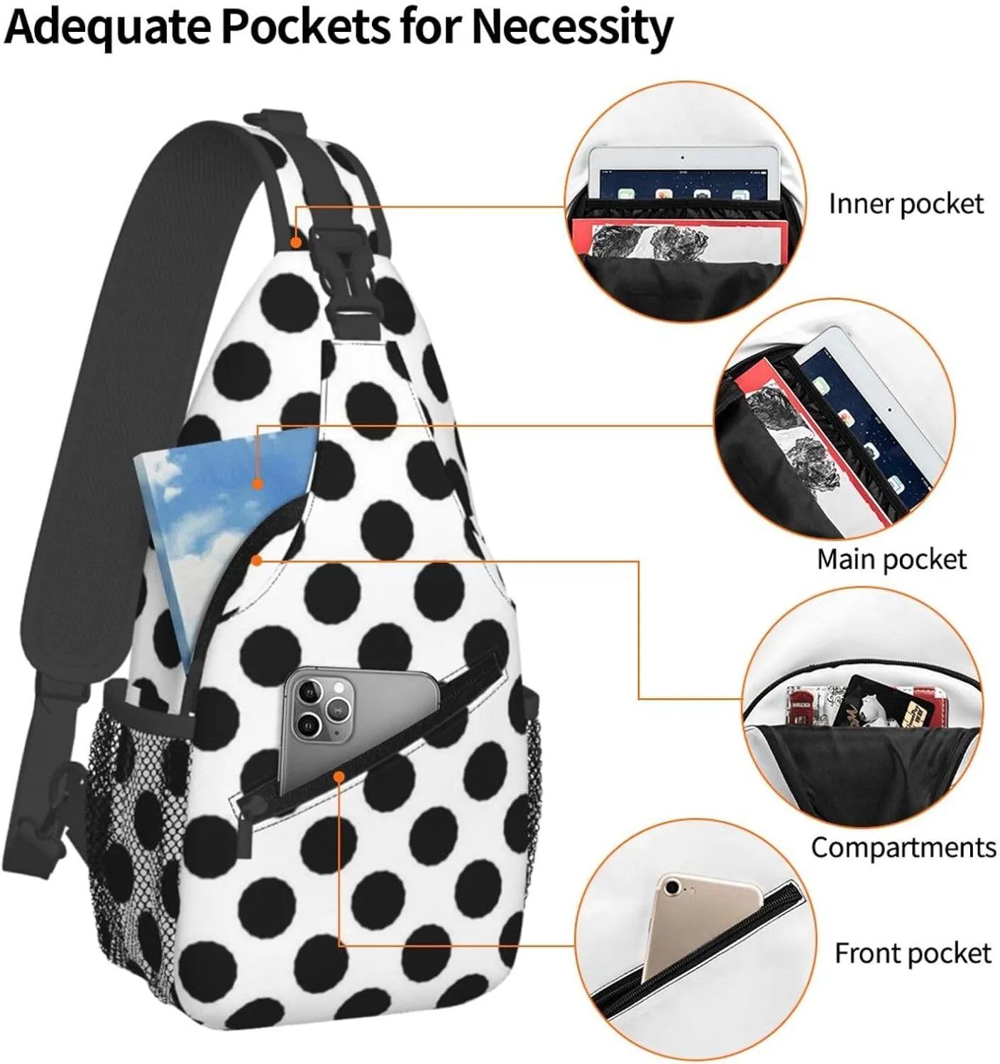 Cute Polka Dots Crossbody Sling Backpack Sling Bag Travel Hiking White Black Dots Chest Bag Daypack for Women Men