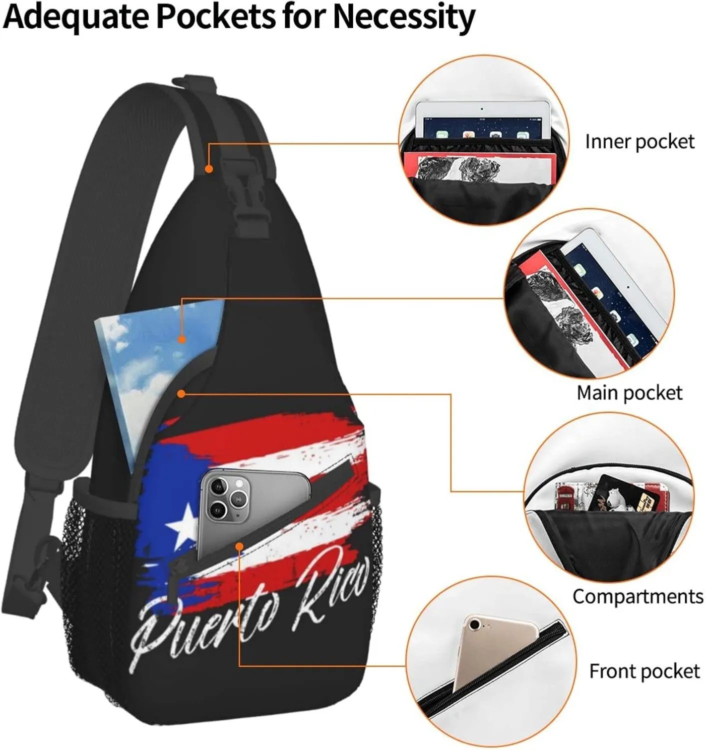 Cute Puerto Rico Flag Sling Backpack, Multipurpose Crossbody Shoulder Bag Travel Hiking Puerto Rican Casual Daypack for Men Women