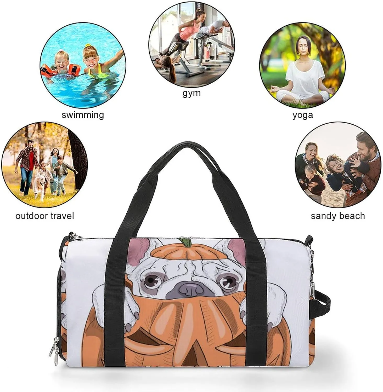 Cute Puppy Sits in A Pumpkin Sports Tote Gym Bag for Women Men, Overnight Bag with Shoe Compartment Water Resistant