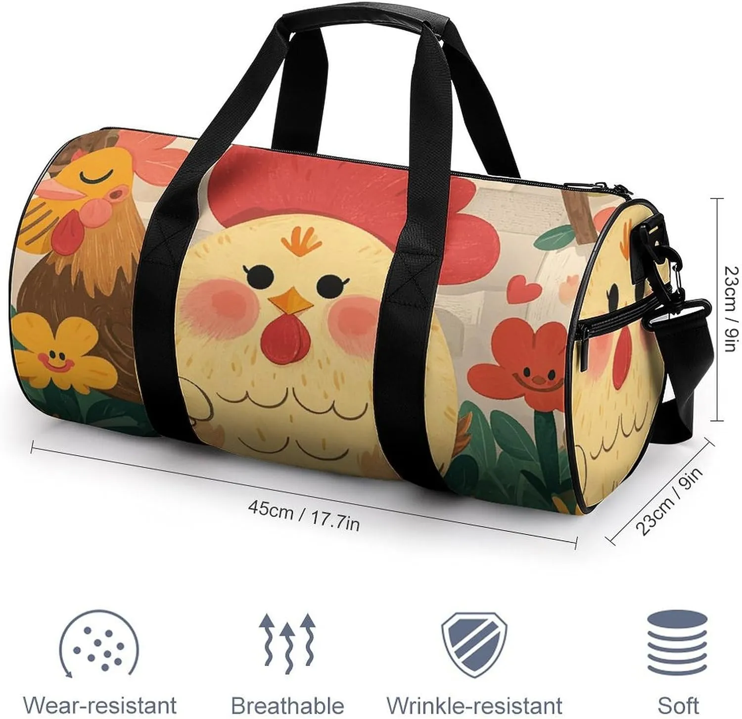 Cute Rooster Chickens Gym Bag Small Travel Duffle Bag with Compartment Carry On Weekender Bag for Women Men