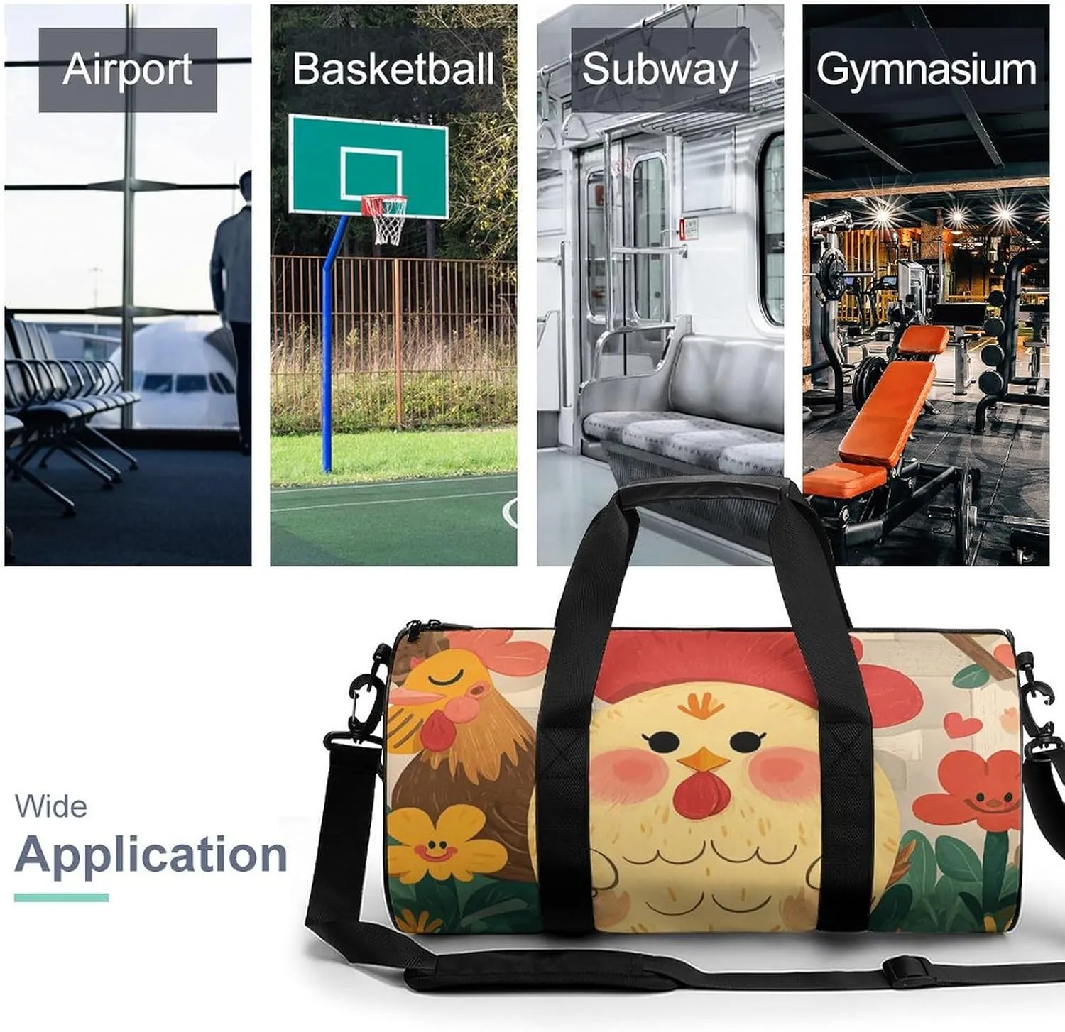 Cute Rooster Chickens Gym Bag Small Travel Duffle Bag with Compartment Carry On Weekender Bag for Women Men