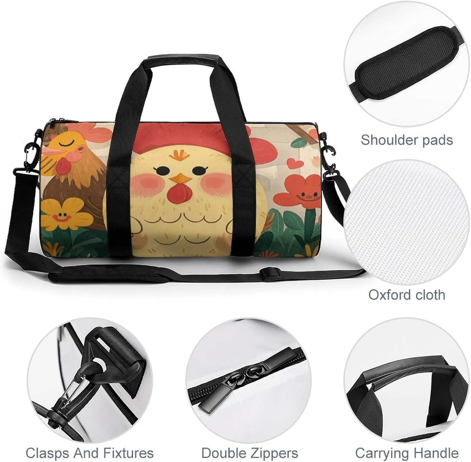 Cute Rooster Chickens Gym Bag Small Travel Duffle Bag with Compartment Carry On Weekender Bag for Women Men