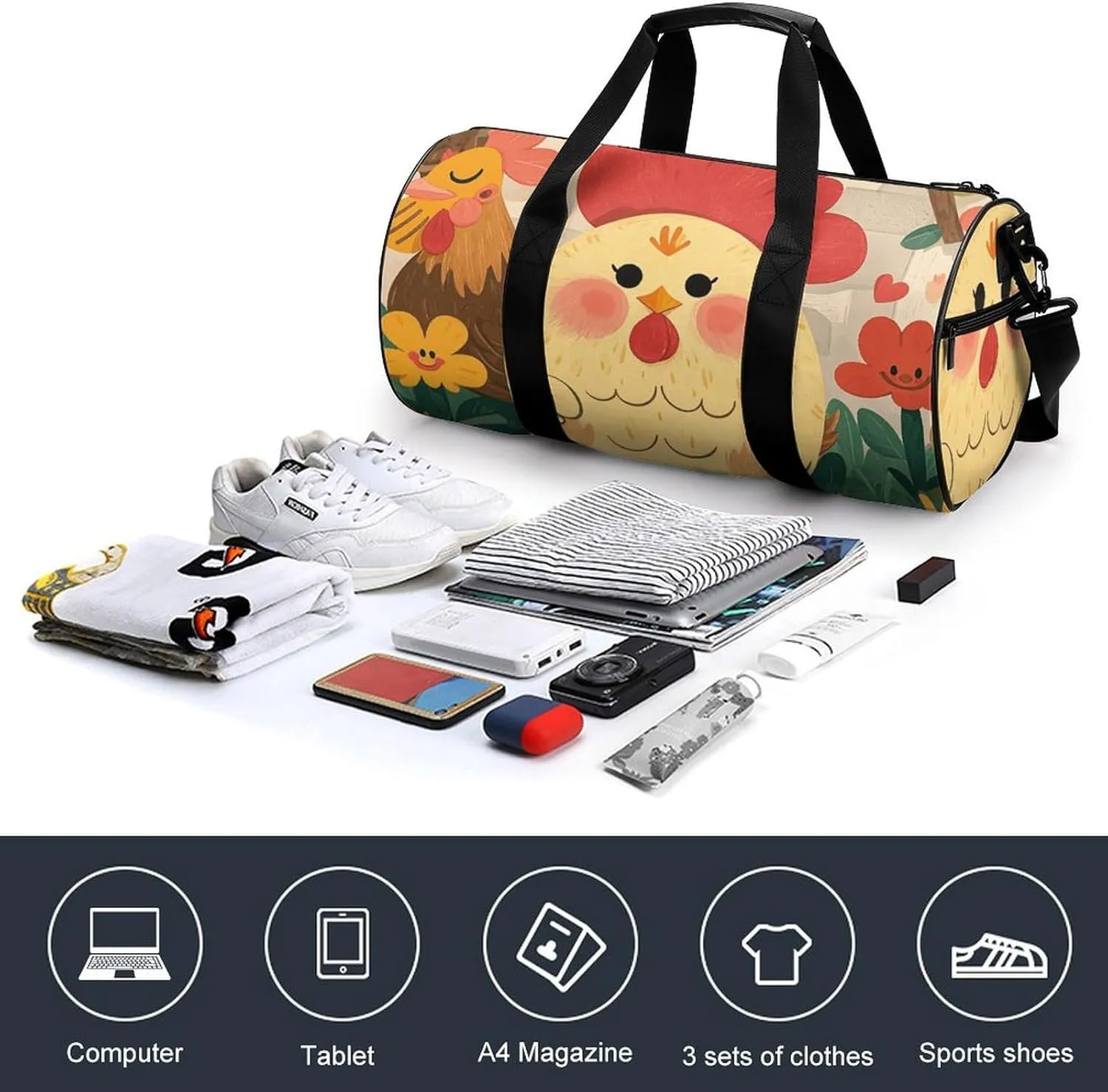 Cute Rooster Chickens Gym Bag Small Travel Duffle Bag with Compartment Carry On Weekender Bag for Women Men
