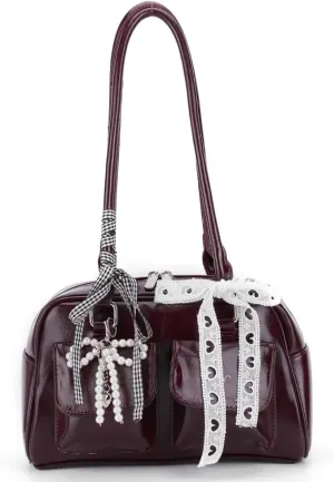 Cute Shoulder Bag for Women, Y2K Purse Aesthetic Japanese Tote, Burgundy Leather Bow Purse