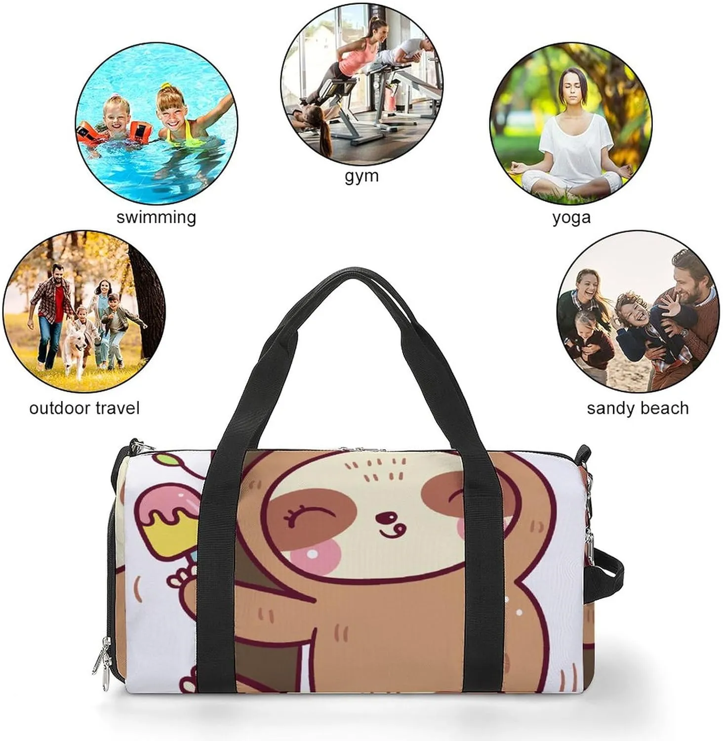 Cute Sloth Bears Cartoon Sports Tote Gym Bag for Women Men, Overnight Bag with Shoe Compartment Water Resistant