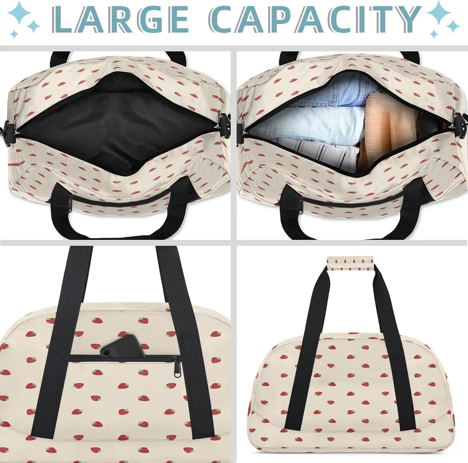 Cute Strawberry Beige Small Gym Bag 18 inch Carry On Duffel Bag for Weekender Travel Sports Workout Yoga Gymnastics Dance Ballet