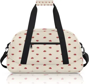 Cute Strawberry Beige Small Gym Bag 18 inch Carry On Duffel Bag for Weekender Travel Sports Workout Yoga Gymnastics Dance Ballet