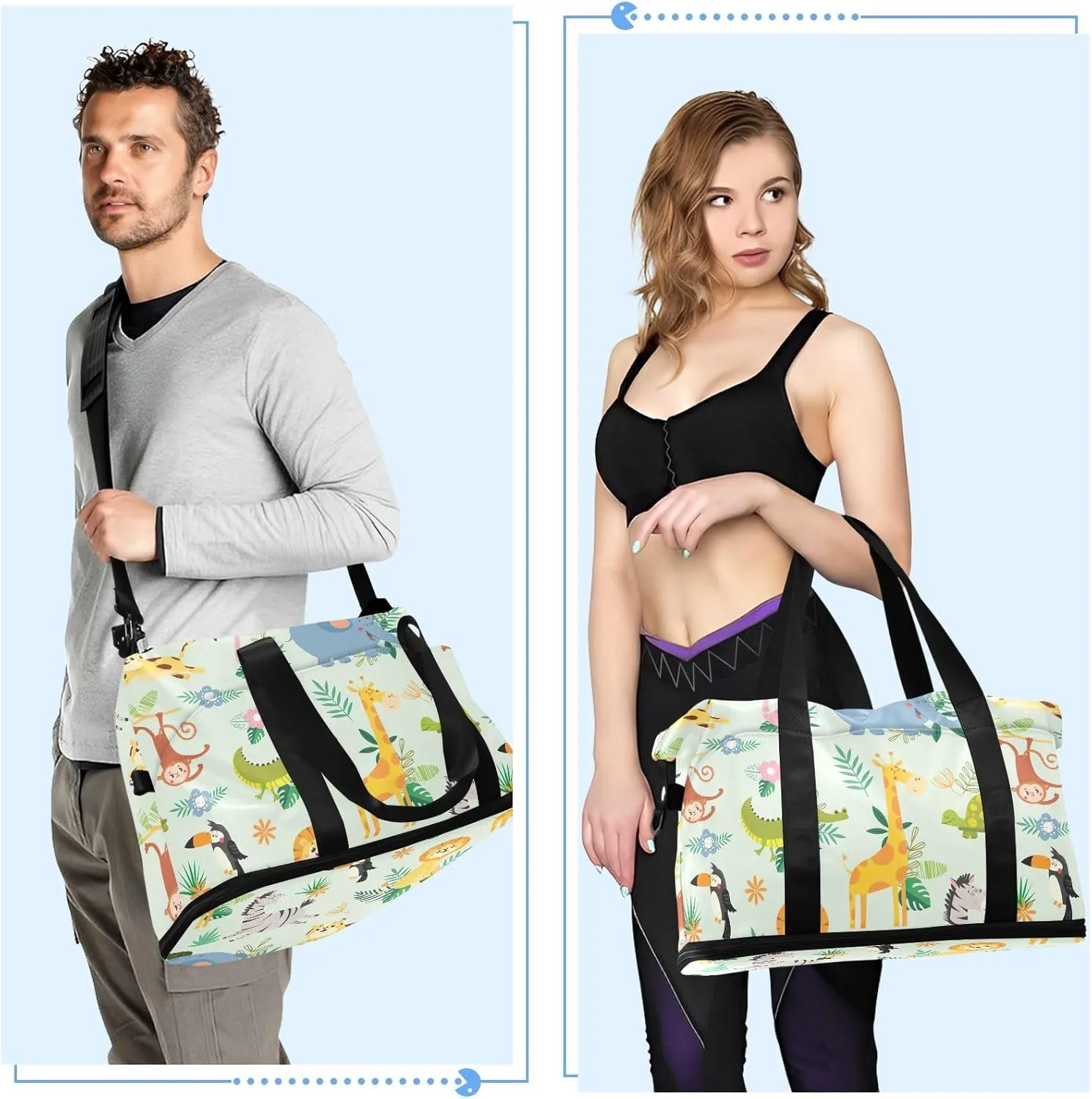Cute Wild Animal African Folding Duffel Bags for Traveling Waterproof Gym Bags for Men, Airplane Personal Item Bag with Trolley Sleeve