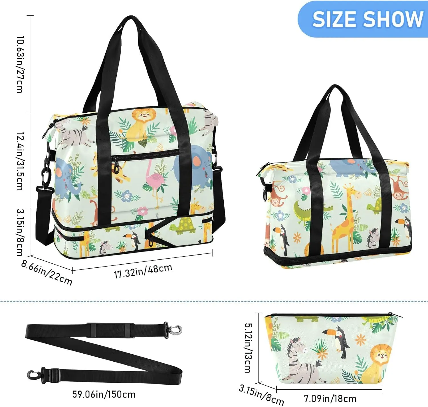 Cute Wild Animal African Folding Duffel Bags for Traveling Waterproof Gym Bags for Men, Airplane Personal Item Bag with Trolley Sleeve